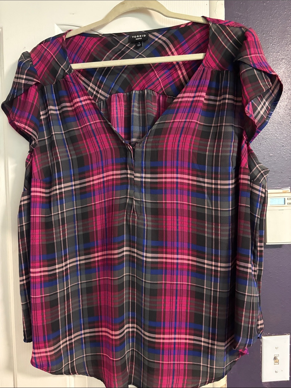 torrid Pink and Blue Plaid Cold-Shoulder V-Neck Blouse